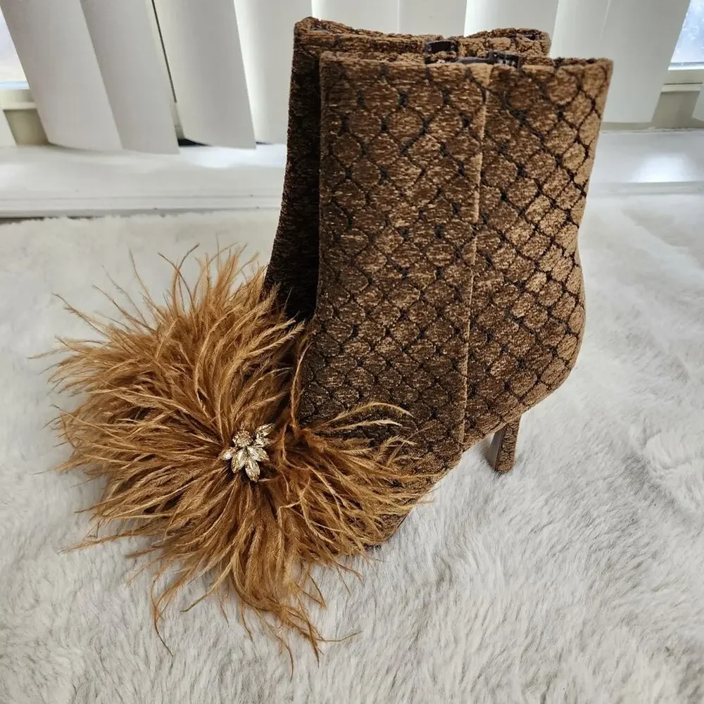 Sam Edelman Ency Feathered Ankle Booties Rhinestone Pointed Toe Brown Heeled 6.5